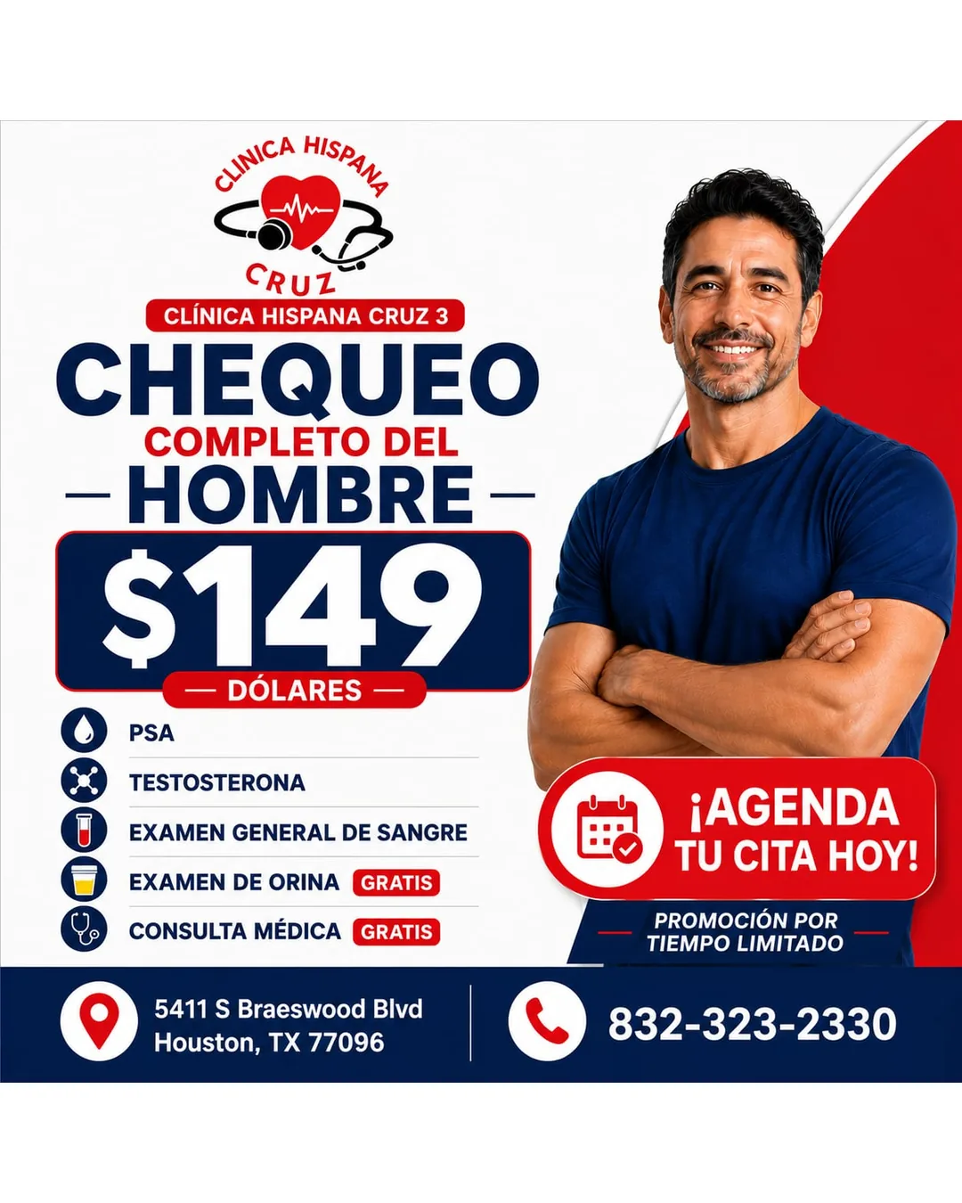 Promoción de chequeo completo del hombre por $149 con PSA, testosterona y examen de sangre en Clínica Hispana Cruz #3 Houston
