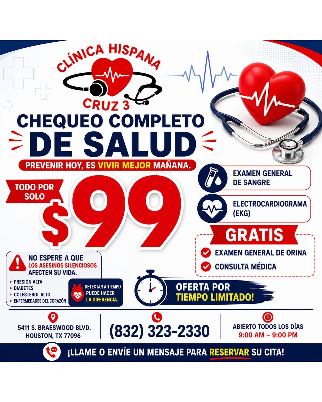 Promoción de chequeo completo de salud por $99 con examen de sangre y electrocardiograma en Clínica Hispana Cruz #3 Houston