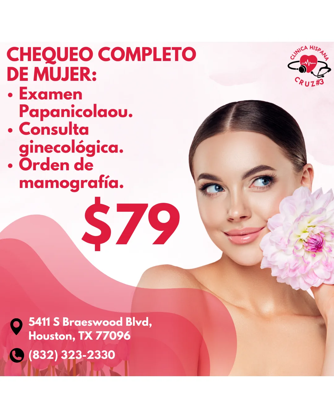 Promoción de chequeo completo de mujer por $79 con Papanicolaou y consulta ginecológica en Clínica Hispana Cruz #3 Houston