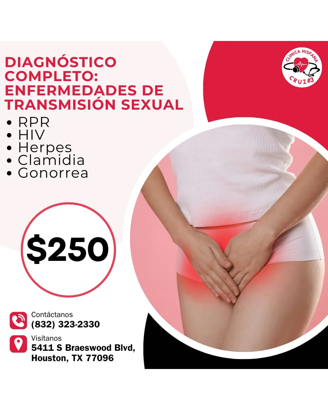 Promoción de diagnóstico completo de enfermedades de transmisión sexual por $250 en Clínica Hispana Cruz #3 Houston