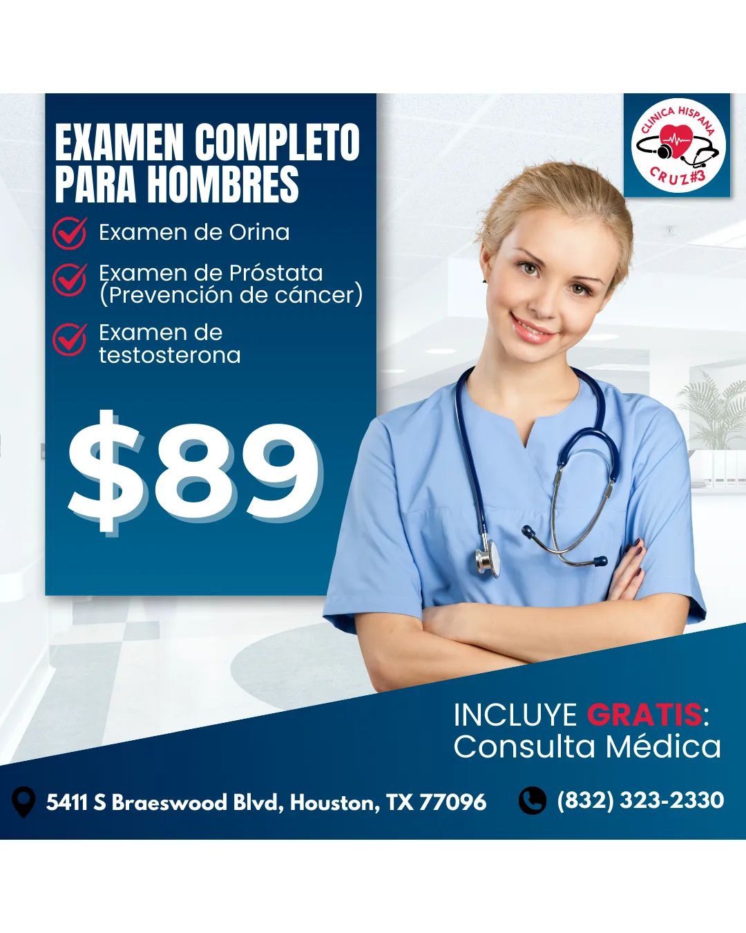 Promoción de examen completo para hombres por $89 con orina, próstata y testosterona en Clínica Hispana Cruz #3 Houston