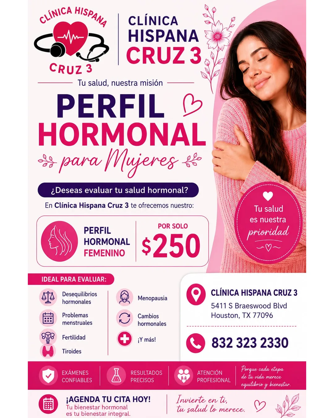 Promoción de perfil hormonal para mujeres por $250 en Clínica Hispana Cruz #3 Houston