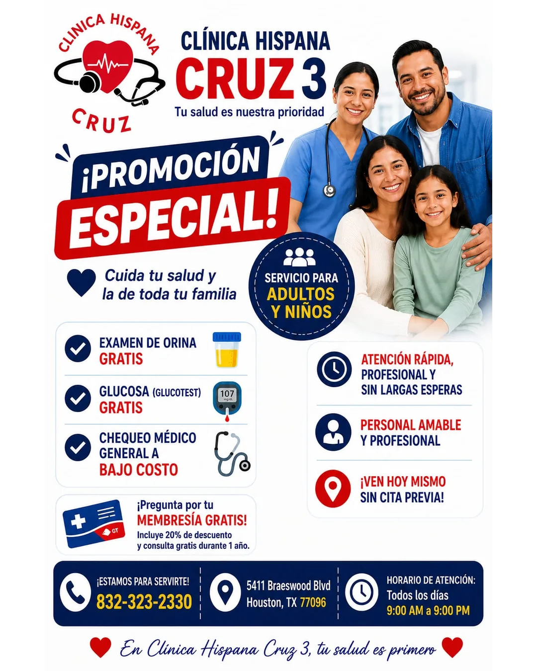 Promoción especial familiar con examen de orina y glucosa gratis en Clínica Hispana Cruz #3 Houston