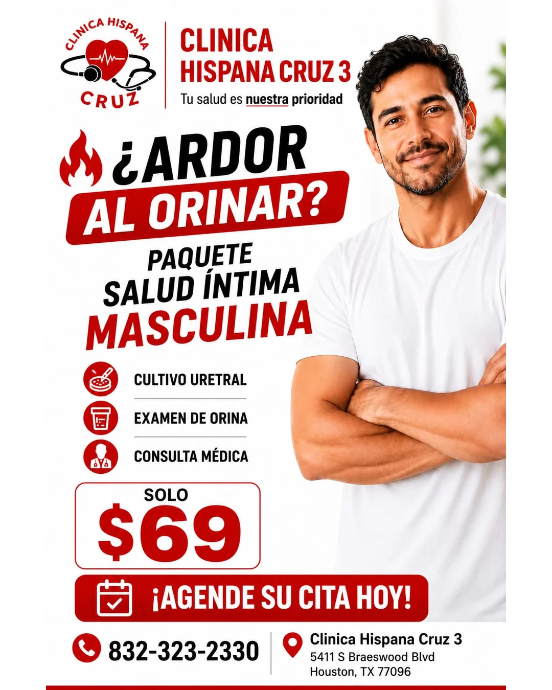 Promoción de salud íntima masculina por $69 con cultivo uretral y consulta médica en Clínica Hispana Cruz #3 Houston