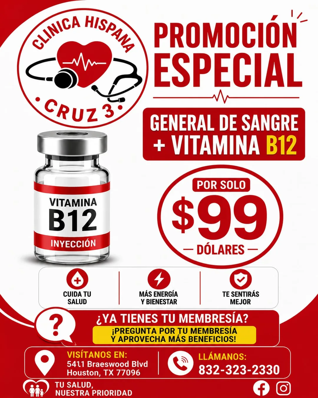 Promoción de examen general de sangre más vitamina B12 por $99 en Clínica Hispana Cruz #3 Houston
