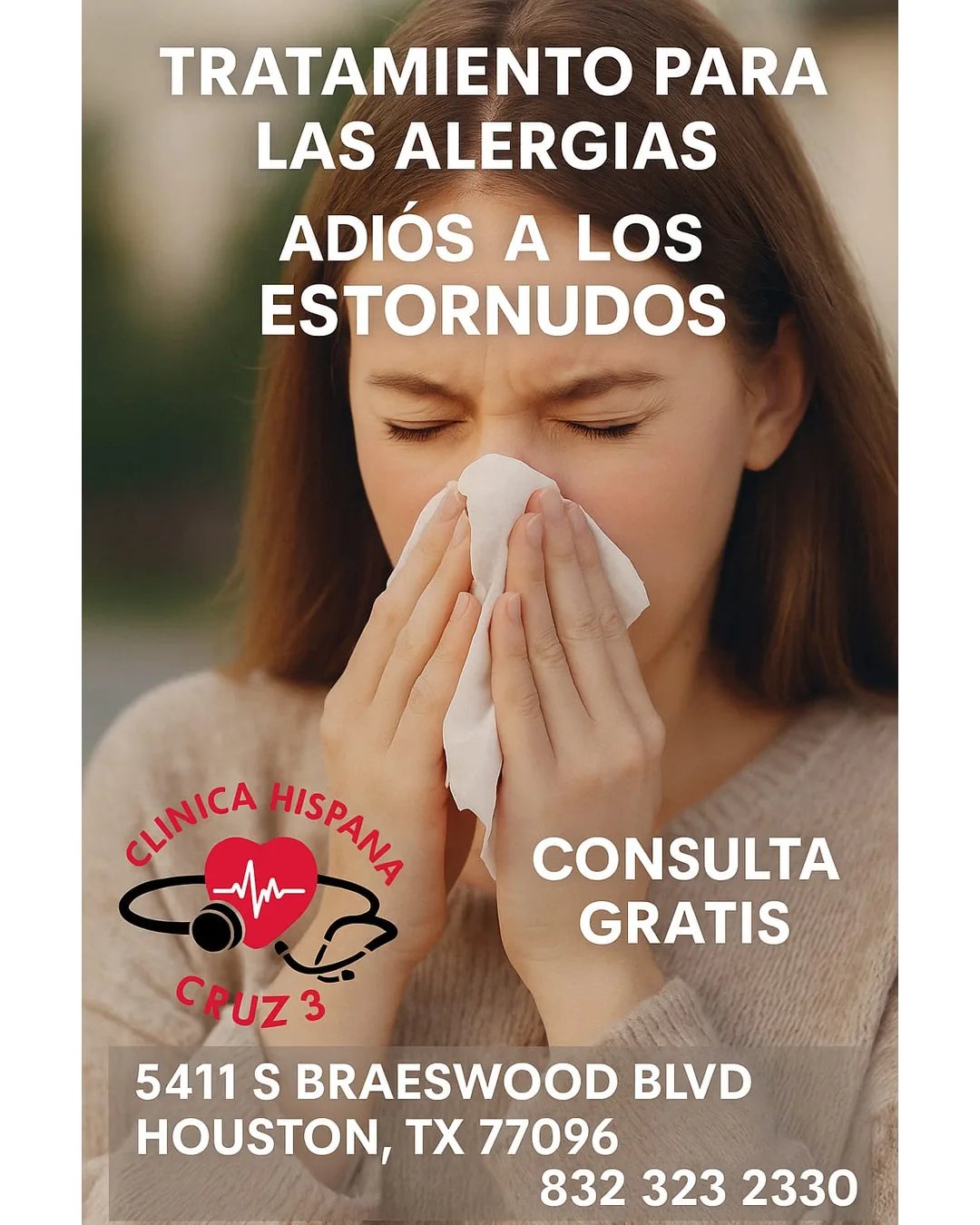 Promoción de tratamiento para las alergias con consulta gratis en Clínica Hispana Cruz #3 Houston